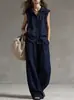 Conjunto de Top com Capuz Casual Soltinho Sem Mangas Multicor Novo de Verão de Marca Independente + Calça Wide Leg de Cintura Alta