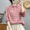 Camisa de Manga Longa em Gaze de Algodão Dupla Camada com Gola Reversível Xadrez Artístico para Mulheres, Estilo Casual Xadrez Slim Fit Novo da Primavera de 2026