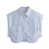 Camisa Listrada de Verão Feminina Estilo Europeu e Americano 2025 com Decoração de Bolso Grande 9700