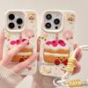 Funda de cuero con dibujos animados de pastel bordado para iPhone 16/15, compatible con Apple 14/13 Pro Max con cordón de 12 pulgadas.
