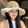 Sombrero de Paja Tejida Floral Estilo Coreano para Mujer, Protección Solar de Verano, Sombrero de Pescador de Ala Ancha, Adelgazante de Rostro, Versátil Sombrero de Sol para Playa