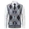 Chaleco de punto a cuadros con cuello en V para hombre para otoño e invierno, cárdigan suelto sin mangas a cuadros con bloques de color