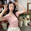 Playera de Hombro con Cuello Cuadrado Manga Corta para Mujer Verano Estilo Francés Diseño Corto Rosa Estilo Ballet Ajustada Dulce y Sexy Top Pequeño