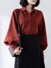 Camisa roja Ankora para mujer, otoño/invierno 2026, nuevo estilo coreano, corte holgado, adelgazante, cuello de muñeca, manga de farol, top cepillado