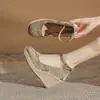 Jin Gang MJ90203 Estilo Nacional Chino Tejido de Paja Cuerda de Cáñamo Suela Gruesa Correas con Hebilla en el Tobillo Zapatos de Mujer Individuales para Aumentar la Altura de Personas Bajas