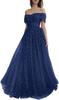 Vestido de Noite para Mulheres 2026 Novo Estilo de Verão Vinho Decote Bardot Estilo Fada Céu Estrelado Vestido de Tule para Performance de Coral