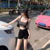 Shorts de mezclilla negros palabra A para mujer verano Spice Girls elásticos cintura alta corte slim pequeños hot pants pantalones rectos de pierna ancha