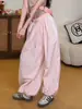 Pantalones casuales sencillos de rayas laterales para mujer para el verano, súper elegantes, pantalones jogger rosas finos, pantalones largos de estilo americano workwear, pantalones de baile