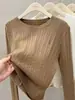 Suéter de tricô trançado com gola redonda feminino outono e inverno novo estilo manga longa slim fit base cinza tricô base camisa cor damasco