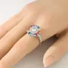 Anillo de estilo europeo redondo con piedra principal de ópalo arcoíris totalmente incrustado, banda de anillo de joyería de mano de múltiples capas circundantes incrustadas con circón de colores, anillo para el dedo índice