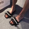 Sandálias Femininas Planas Slip-On Estilo Coreano e Japonês com Acabamento em Renda de Pérolas e Bico Quadrado Sandálias de Praia