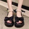 Sandalias de lazo para mujer, novedad de verano 2023, estilo hada de una sola tira, suela gruesa, con perlas, punta abierta, zapatos romanos para mujer