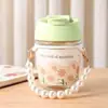 Taza de Vidrio Personalizada con Cadena de Perlas Doble Popote Souvenir Taza Portátil para Niñas Taza de Café de Alto Valor
