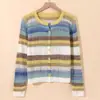 Cardigan de Tricô Colorido Estilo Europeu Transfronteiriço para Mulheres Primavera Novo Gola V Listrado Vazado Base Top Suéter de Manga Longa