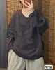 2026 Primavera Novo Camisola de Linho Lavado com Areia Gola Redonda Artística Manga Longa Camiseta Feminina Solta Emagrecedora Redutora de Idade 9706