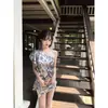 Vestido Corto Retro de una Sola Manga con Estampado Azul y Blanco para Mujer, Diseño de Verano, Falda que Ceñe la Cintura, Falda Corta Irregular de Chica Popular