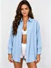 Nova camisa feminina de listras verticais estilo europeu e americano transfronteiriça, solta e casual, com colarinho de lapela, mangas compridas e comprimento médio, adequada como camada externa para proteção solar