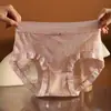 Calcinha feminina de renda respirável sexy estilo francês, cintura média, estampa vazada, forro antibacteriano de seda de amoreira, calcinha leve