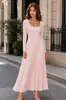 Vestido Largo Plisado de Comercio Exterior 2026, Vestido Elegante de Cintura Ceñida, Ropa Femenina Europea y Americana Transfronteriza, Vestido de Noche Largo con Mangas Largas y Escote Cuadrado