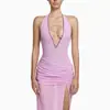 Vestido Halter com Decote em V Profundo e Design de Amarrar, Vestido Halter de Renda de Alta Qualidade em Tom Rosa e Roxo, Vestido Longo com Franzidos e Fenda, Caimento Justo e Sexy