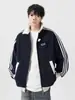 Chaqueta de Diseño Retro Americano con Empalmes de Tres Rayas para Hombre, Tendencia High Street, Cuello Solapa, Elegante Chaqueta de Béisbol de Lana para Invierno