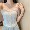Camisola de celebridade da internet feminina de verão sexy com borda de renda elegante fina para usar por baixo com bordado de flor e sutiã de pérola