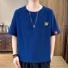 Camiseta casual de algodão e linho masculina, gola redonda, meia manga, bordada, algodão e linho, camiseta casual solta de tamanho grande para homens, verão 2024