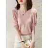 Elegante blusa de tricô com mangas bufantes de seda gelada de comprimento três quartos para mulheres, camiseta fina de verão de manga curta soltinha no estilo coreano