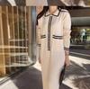 Vestido de punto chic vintage estilo coreano con solapa de contraste para mujer, falda larga suelta elegante con marco, estilo Chanel, plisado