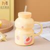Taza de cerámica creativa de verano con forma de corazón para niña, con pajita y tapa, con forma de yogur, para agua