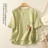 Camiseta de Verano Nueva de Algodón y Lino Estampada Cuello Redondo para Mujer Delgada Talla Grande Holgada Versátil Pulóver Casual Top que Reduce la Edad
