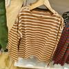 Estilo Japonês~Camiseta Listrada Manga Longa Francesa Gola Canoa Solta Design com Fenda Moda Casual Nova Roupa Feminina Sy460297