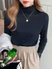 Camiseta Térmica de Punto para Mujer Otoño Invierno Elegante Capa Interior Suéter de Cuello Semi-Alto Lateral Ajustado Versátil Top de Manga Larga con Cuello Medio-Alto