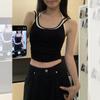Camisola Patchwork de Bloques de Color con Cuello Halter Falso Dos Piezas para Mujer con Copas, Top de Verano Rosa Dulce y Picante Impresionante para Usar en Capas o Solo