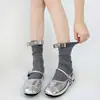 Calcetines de Encaje de Doble Aguja con Cordones hasta la Pantorrilla, Estilo Ballet de Primavera, Calcetines Grises de Canalé Holgados, Estilo JK, Calcetines de Media Pantorrilla Mary Jane, Calcetines de Algodón para Niñas