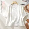 Blusa de algodón y lino bordada estilo étnico, cuello en V, nueva camisa 2026, blusa de verano artística de corte holgado estilo chino con botones