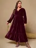 Vestido de Veludo Liso para Tamanhos Grandes, com Mangas Sino, Ajuste na Cintura e Decote V, Europeu e Americano, Transfronteiriço, Amazon, para Mulheres
