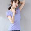 Camiseta de algodón con cuello en V para mujer. Top ajustado de verano para mujer, con hombros descubiertos y manga corta con estampado de logotipo.