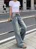 Jeans acampanados de cintura baja retro americano para mujer, pantalones de verano finos lavados adelgazantes de longitud completa rectos de campana para mujeres petite