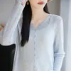 Roupa Externa de Fibra de Bambu Feminina Gola V Proteção Solar Camisa para Ar Condicionado Verão Novo Estilo Tricotada Manga Longa Fina Cobertura Anti-UV