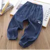 Pantalones de Mezclilla de Verano para Niños y Niñas, Modernos Pantalones Jogger Finos de Tencel Estilo Coreano de Moda con Estampado de Letras