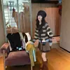 Abrigo de punto de estilo europeo y americano para otoño e invierno, nuevo, de corte holgado, con rayas de colores contrastantes, cárdigan de punto de cuello redondo, de un solo botón, para mujer