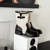 Botines casuales retro británicos de bloques de color, botas de mujer para otoño e invierno con punta redonda y tacón grueso, botas estilo Martin plisadas con hebilla, comercio exterior transfronterizo