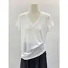 Camiseta Interior de Verano para Mujer Estilo Perezoso Cuello en V Delgado Lyocell Tencel Manga Corta Hombro Derecho Estilo Coreano Blanca