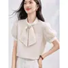 Blusa de Chifón de Manga Corta con Lunares, Lazo y Cinta para Mujer, Nuevo Estilo Francés Verano 2026, Elegante y Fresca