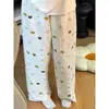 Pantalones de pijama de verano para mujer, pantalones finos para casa, shorts casuales lindos, holgados, de cintura alta, pierna recta, para estar en casa