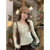 Camiseta básica de punto con cuello en V y encaje de estilo francés para mujer, corte ajustado y cálida, adecuada para primavera y otoño