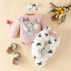 Macacão de bebê europeu e americano de letras com manga comprida e formato triangular, calça com laço, top para primavera e outono, calça de borboleta e elefante