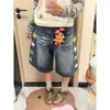 Calça Shorts Jeans Cropped Bordada Estrela Retro Americana para Homens e Mulheres, Verão Tendência Marca Solta Versátil Casual Wide-Leg