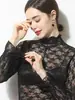 Camisa de Encaje Otoño e Invierno, Manga Larga, Cuello Semi Alto, Camiseta de Malla Ajustada para Capa Base, Top Elegante y Adelgazante para Mujer